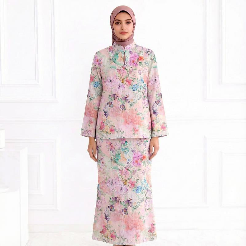 Damen Zweiteiliges Modest-Set aus Tunika mit Stehkragen und geradem Maxirock mit Blumenprint Echo Archiv