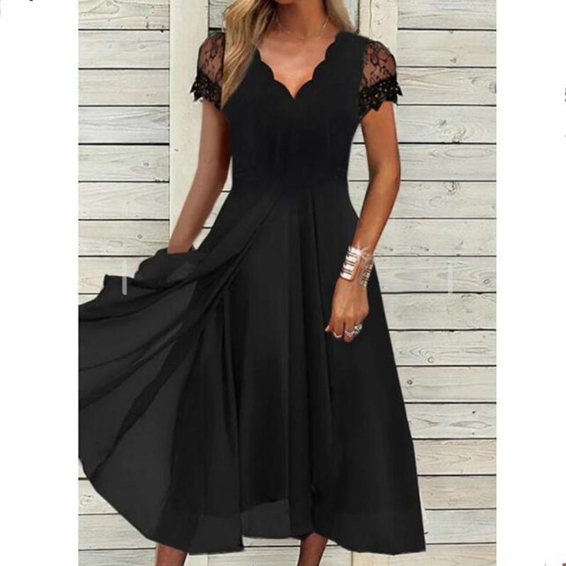 Damen nan fließendes Midikleid mit geschwungenem V-Ausschnitt, taillierter A-Linien-Silhouette und filigranen Spitzenärmeln Echo Archiv