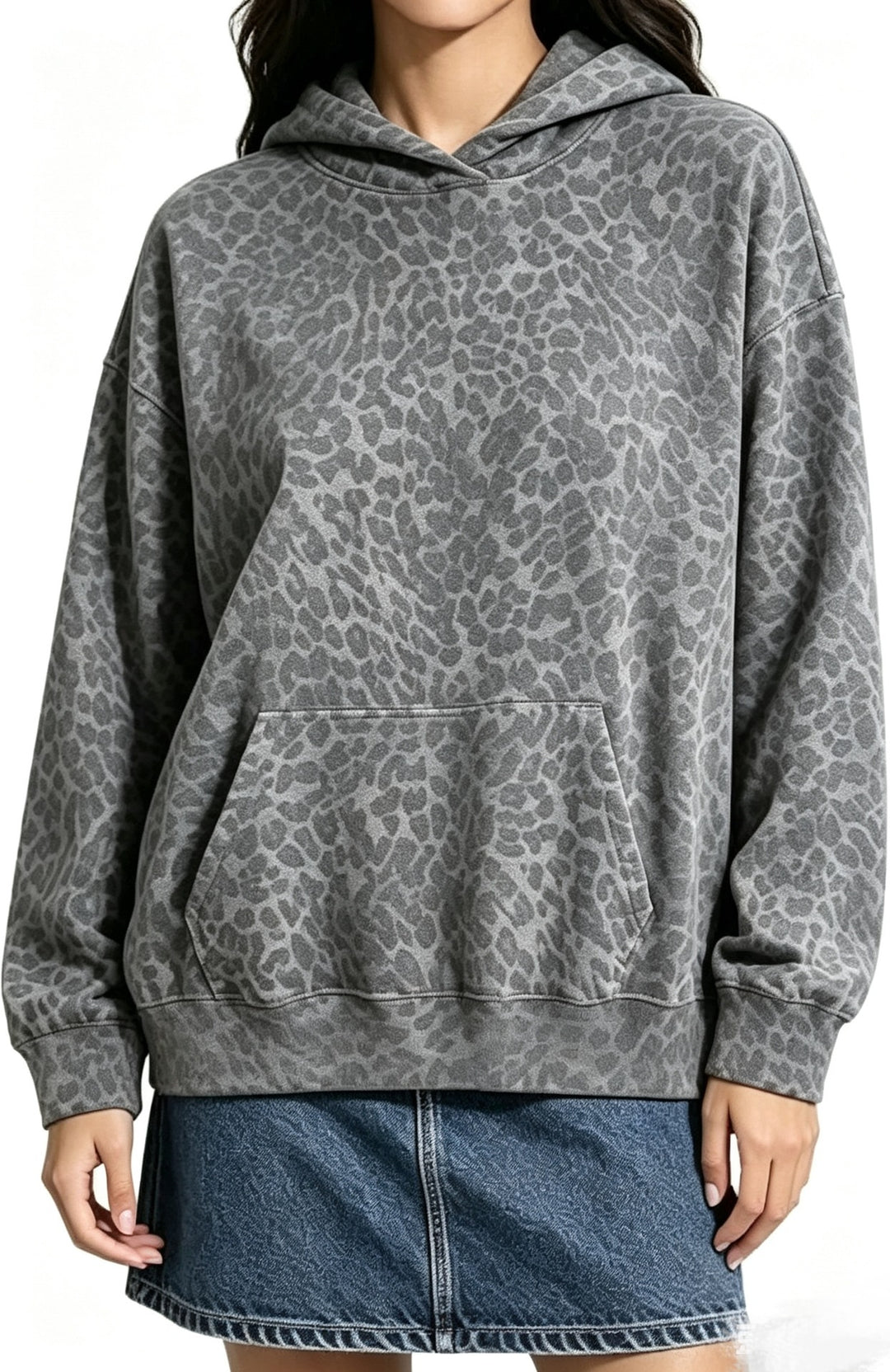 Damen Oversize-Kapuzenpullover mit Leomuster, Kängurutasche und überschnittener Schulter Echo Archiv