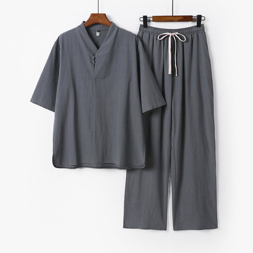 Herren Zweiteiliges Leichtes Loungewear-Set mit Stehkragen-Halbarmshirt und Kordelbund-Hose Echoarchiv