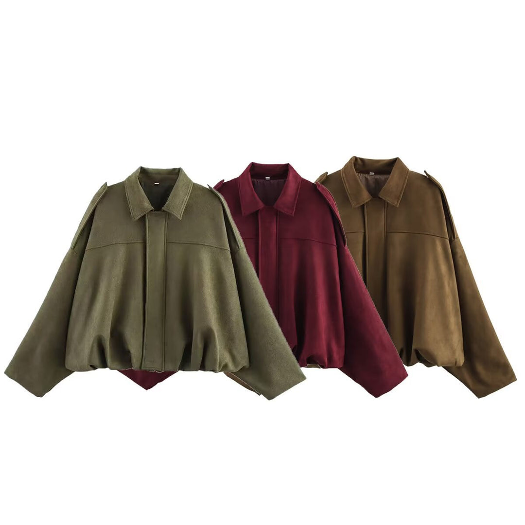 Damen nan oversized Veloursleder Bomberjacke mit Schulterklappen Echo Archiv