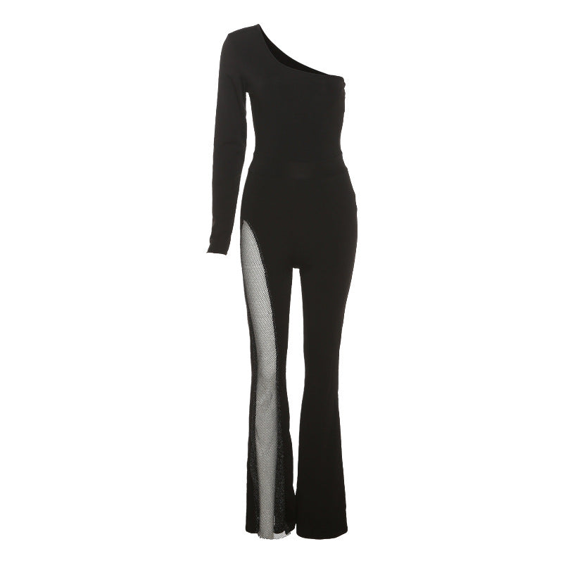 Damen figurbetontes Jumpsuit mit asymmetrischem Ausschnitt und netzseitigen Einsätzen Echo Archiv