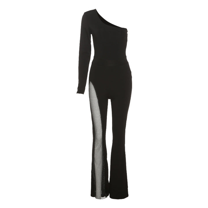 Damen figurbetontes Jumpsuit mit asymmetrischem Ausschnitt und netzseitigen Einsätzen Echo Archiv