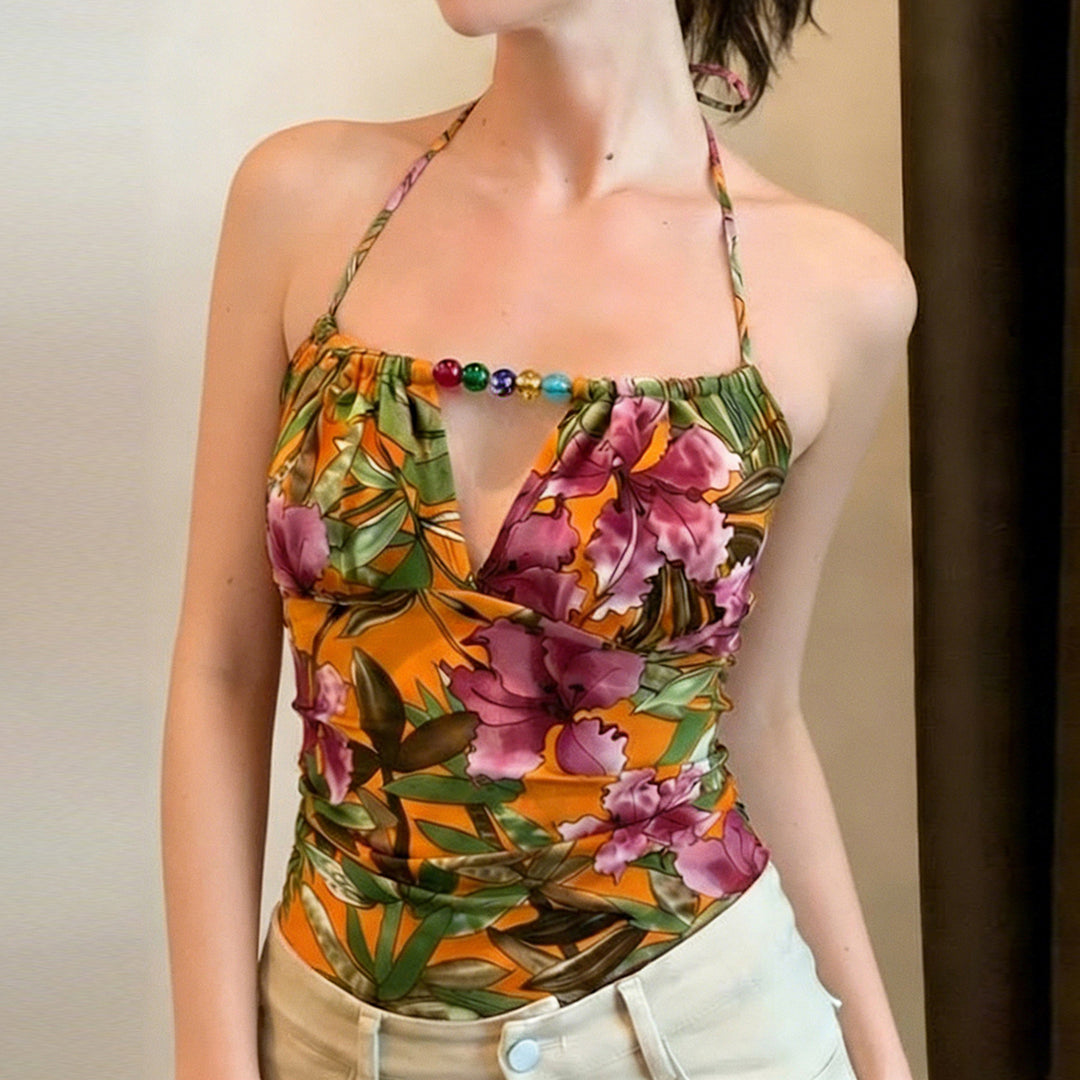Damen Haltertop mit floralem Design und elegantem Bindeband Echo Archiv