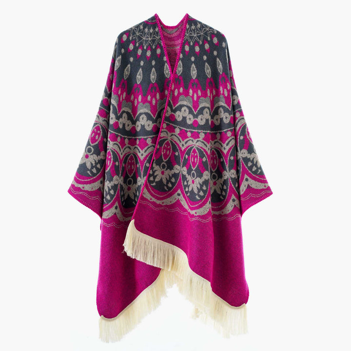 Damen Gewebter Jacquard-Poncho mit V-Ausschnitt, Ethno‑Print und Fransen – Avérine