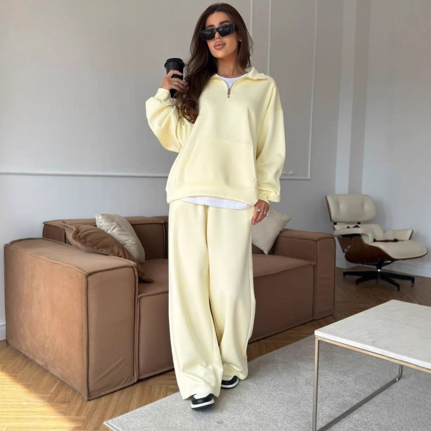 Damen nan weites Halfzip-Lounge-Set mit Kapuzenpullover, Kängurutasche und fließender Wide-Leg-Hose Echo Archiv