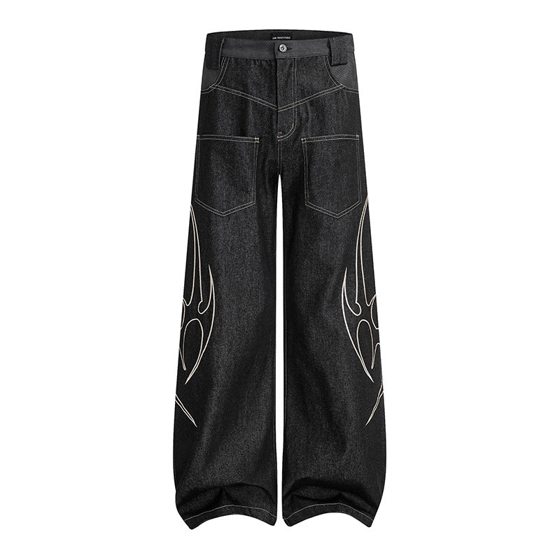 Damen Weite High‑Waist Denim‑Cargohose mit Flammenstickerei und aufgesetzten Taschen Echoarchiv