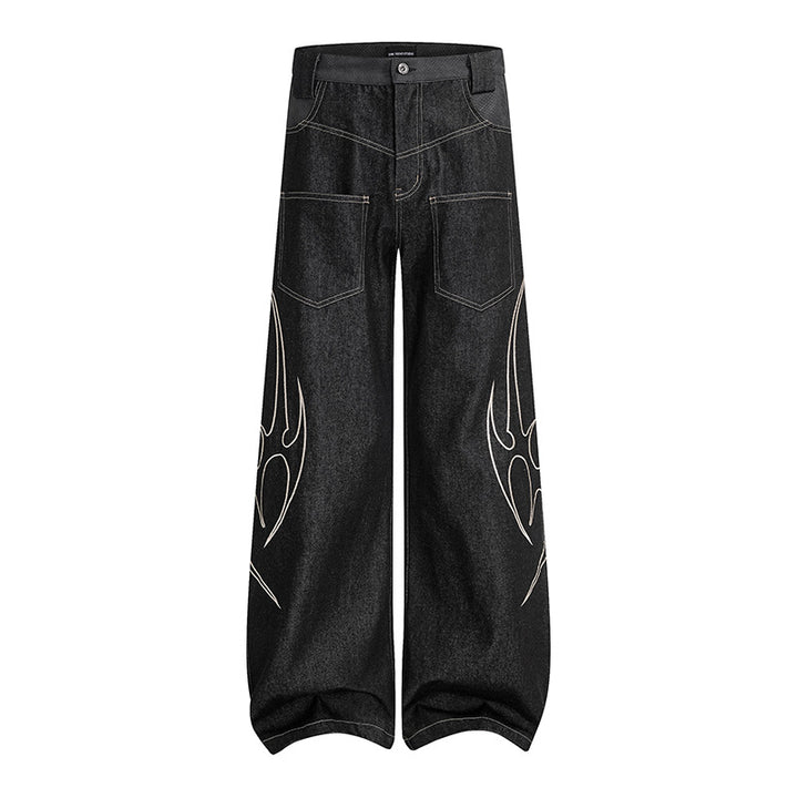 Damen Weite High‑Waist Denim‑Cargohose mit Flammenstickerei und aufgesetzten Taschen Echoarchiv