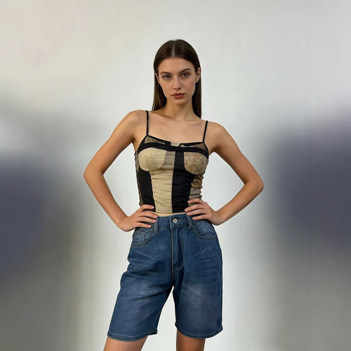 Damen figurbetontes Cropped Oberteil mit Stehkragen und kurzen Ärmeln Echo Archiv
