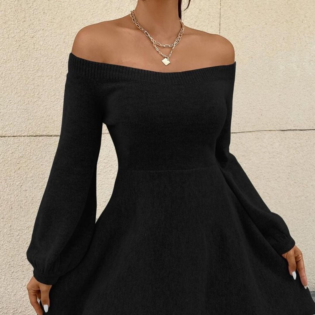 Damen Schulterfreies Feinstrick-Kleid mit taillierter Passform und Ballonärmeln Echoarchiv