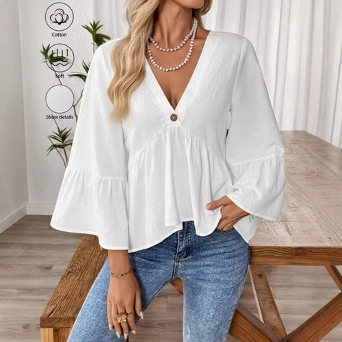Damen nan elegante Empire-Bluse mit V-Ausschnitt, geraffter Brustnaht und Glockenärmeln Echo Archiv