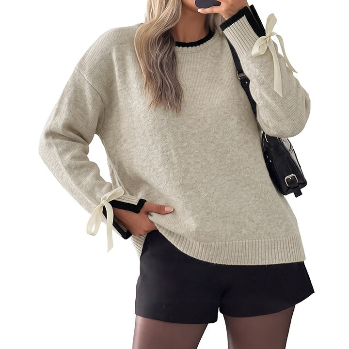 Damen Oversize-Feinstrickpullover mit kontrastgerippter Passe und Schleifen-Details Echoarchiv