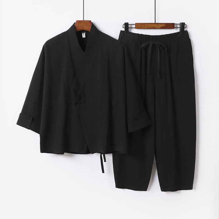 Herren Atmungsaktives Leinen-Baumwoll Lounge-Set mit asymmetrischem V-Kragen und elastischer Kordelhose Echoarchiv