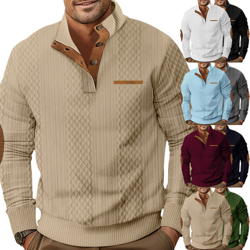 Herren nan strukturiertes Halbknopf-Pullover mit gesteppter Oberfläche, Ellbogen-Patches und Stehkragen Echo Archiv