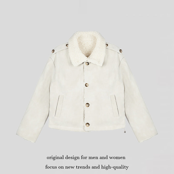 Damen Kurzgeschnittene Lammfell‑Optik Fliegerjacke mit Teddyfutter und Reverskragen Echoarchiv