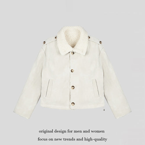 Damen Kurzgeschnittene Lammfell‑Optik Fliegerjacke mit Teddyfutter und Reverskragen Echoarchiv
