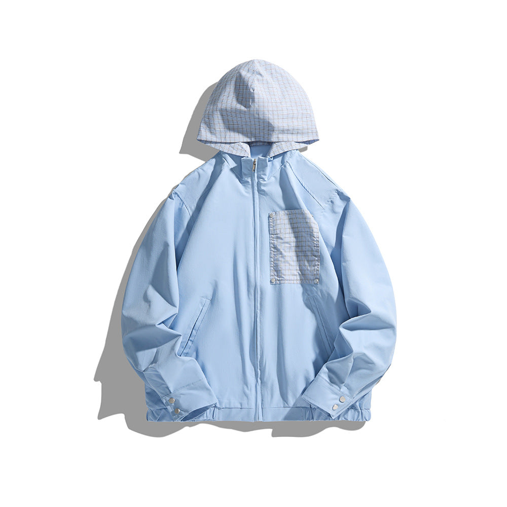 Unisex Leichte Kapuzen-Übergangsjacke mit Karopatch-Brusttasche und elastischem Saum Echoarchiv