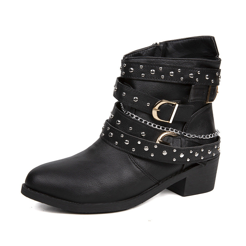 Damen nan knöchelhohe Biker-Stiefelette mit Nietenriemen, Ketten- und Dornschließen-Details Echo Archiv