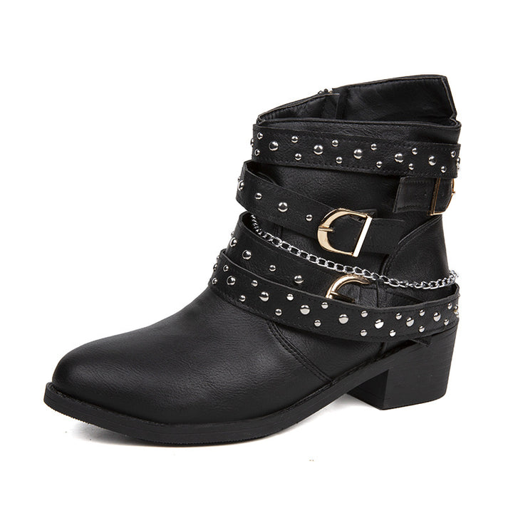 Damen nan knöchelhohe Biker-Stiefelette mit Nietenriemen, Ketten- und Dornschließen-Details Echo Archiv