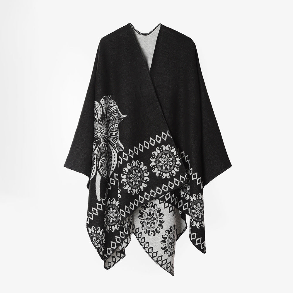 Damen Poncho‑Cape mit zweifarbiger Webstruktur, floralem Medaillon‑Jacquard und offener Front – Avérine