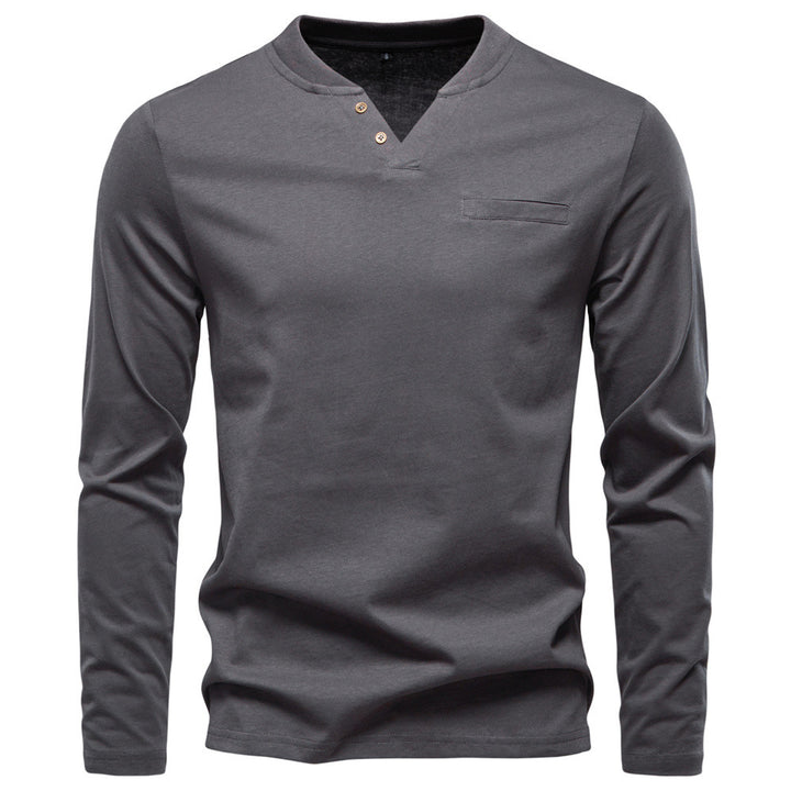 Herren nan tailliertes Langarmshirt im Henley-Stil mit kurzem V-Ausschnitt, Zierknöpfen und Brustleistentasche Echo Archiv