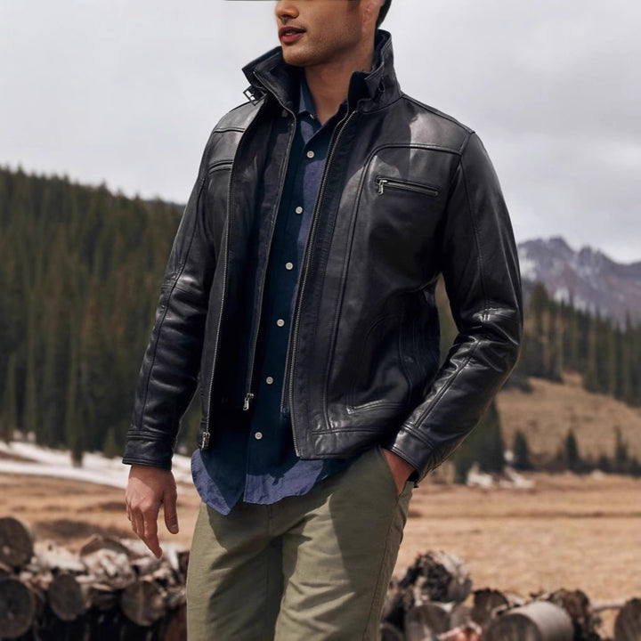 Herren lässige Lederjacke mit modernem Stehkragen und vielseitigen Taschen Echoarchiv