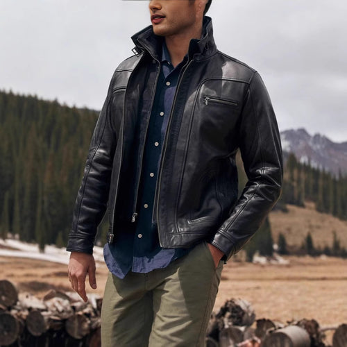 Herren lässige Lederjacke mit modernem Stehkragen und vielseitigen Taschen Echoarchiv