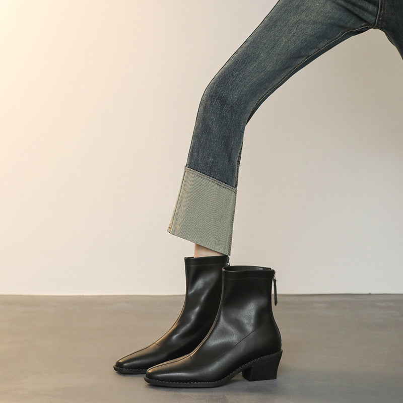 Damen Minimalistische Sock‑Ankleboot aus Glattleder mit hinterem Reißverschluss und sculpted Blockabsatz Echo Archiv