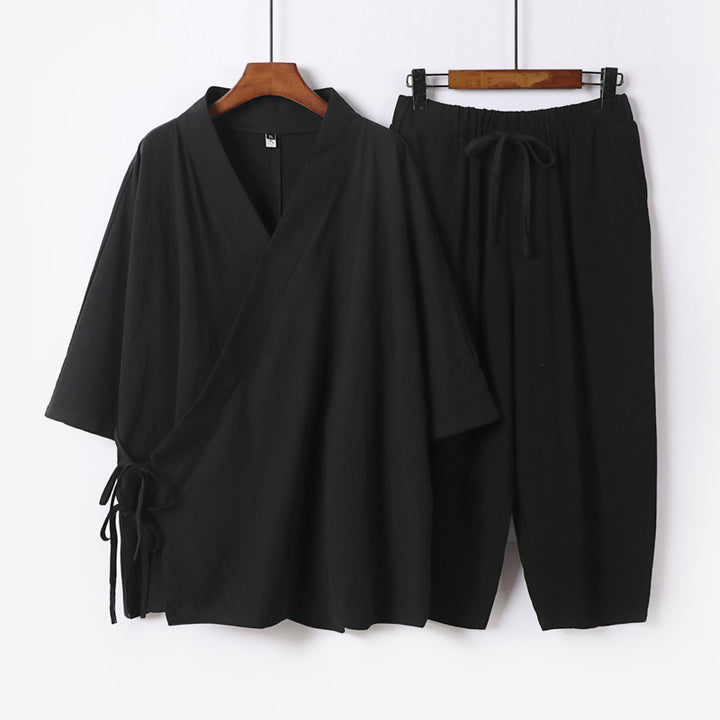 Herren Kimono-Loungewear-Set mit Wickeloberteil, Kordelbundhose und lockerer Passform Echoarchiv