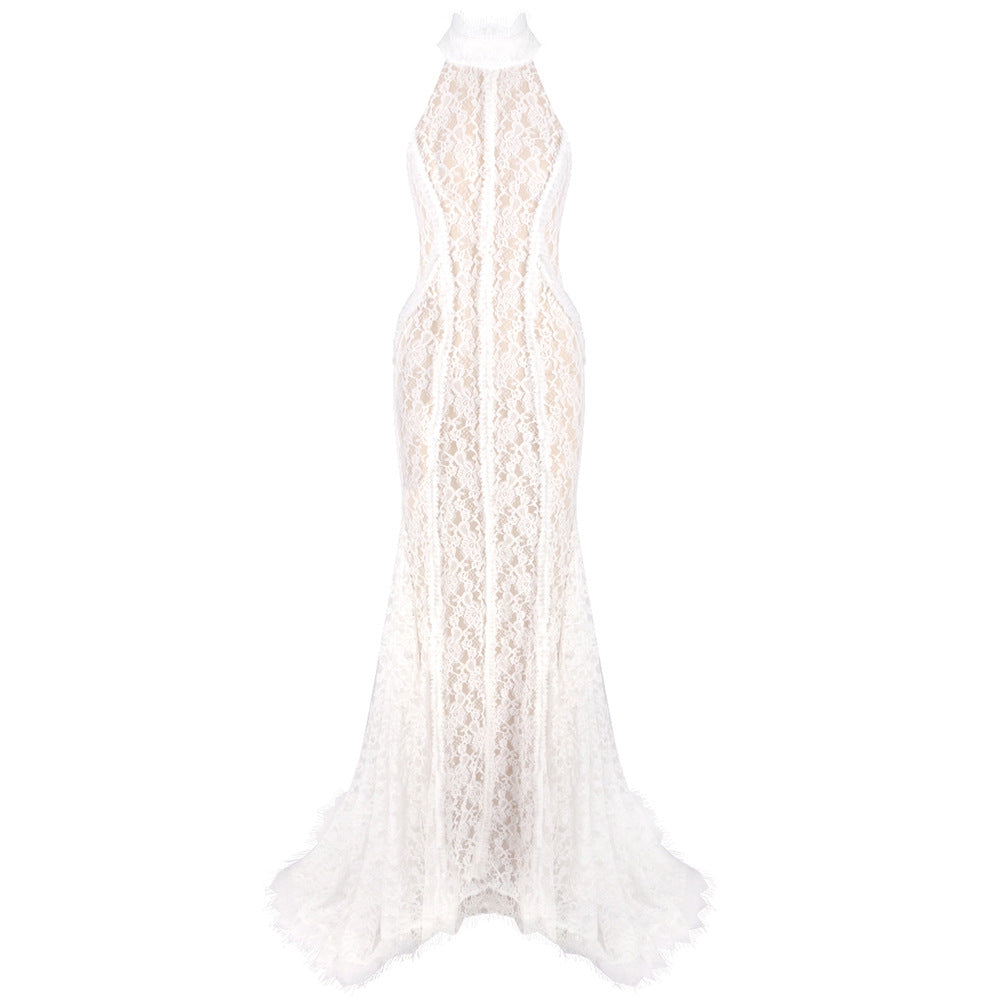Damen Hochwertiges Spitzenabendkleid mit elegantem Kragen und transparenten Details Echo Archiv