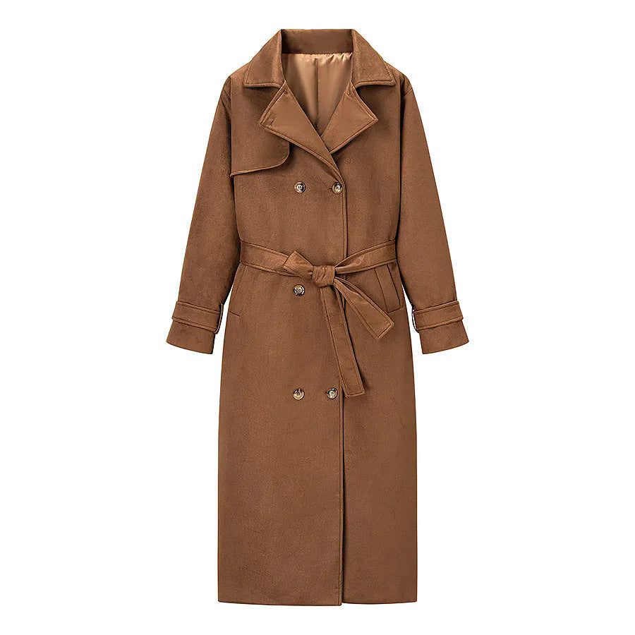 Damen langer Mantel im Trenchcoat Stil mit Doppelreiher Bindegürtel und Schalkragen – Montévia
