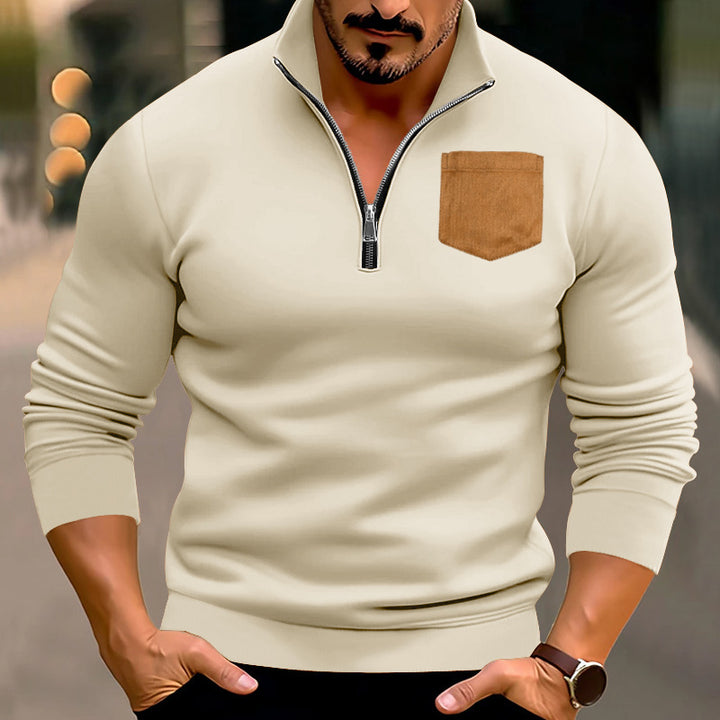 Herren modischer Pullover mit halbem Reißverschluss und kontrastierender Brusttasche Echoarchiv