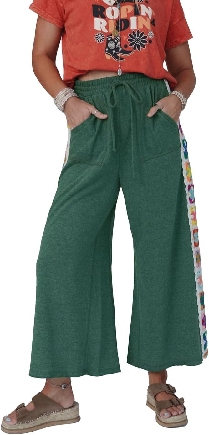 Damen weite Jersey-Hose mit hohem Gummibund, Kordelzug und gehäkeltem Seitenstreifen – Avérine