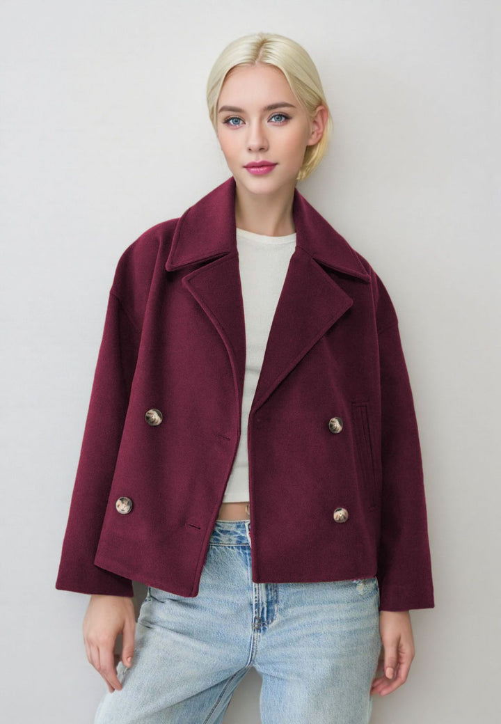 Damen nan kurzes doppeltreihiges Wollmix-Manteljacke im Boxy-Cut mit weitem Reverskragen Echo Archiv