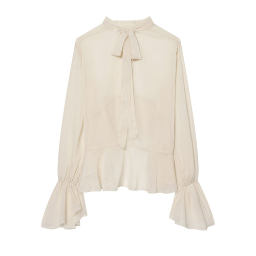 Damen nan transparente Chiffonbluse mit Schleifenkragen, Volantärmeln und Schößchen Echo Archiv