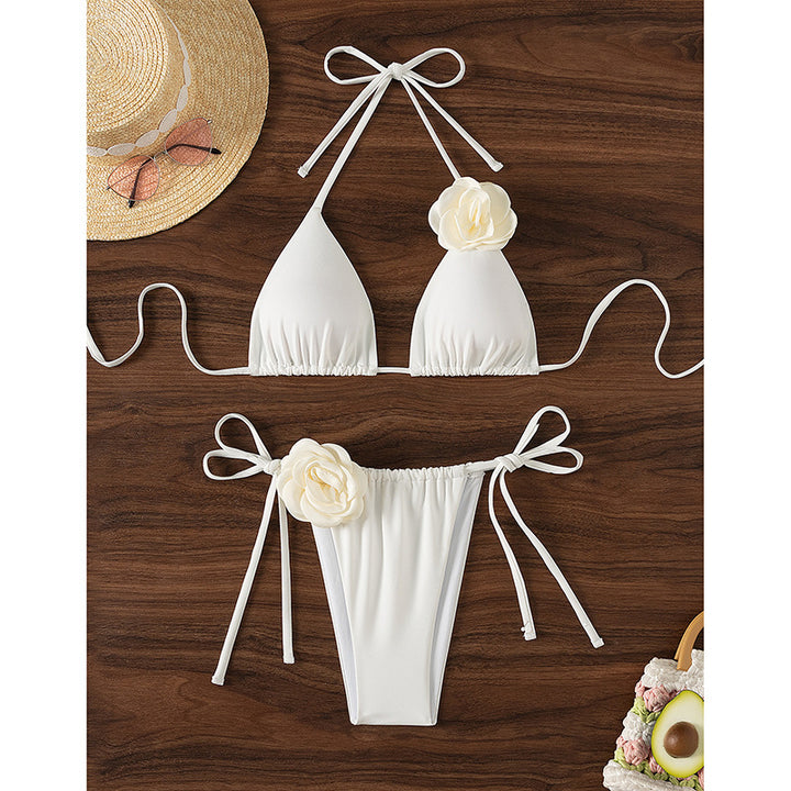 Damen Triangel-Bikini mit geflochtenem Rüschendesign und Blütendetail Echo Archiv