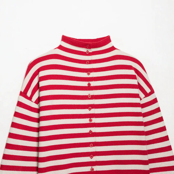 Damen Gestreifter Cropped Strick-Cardigan mit Stehkragen Echoarchiv