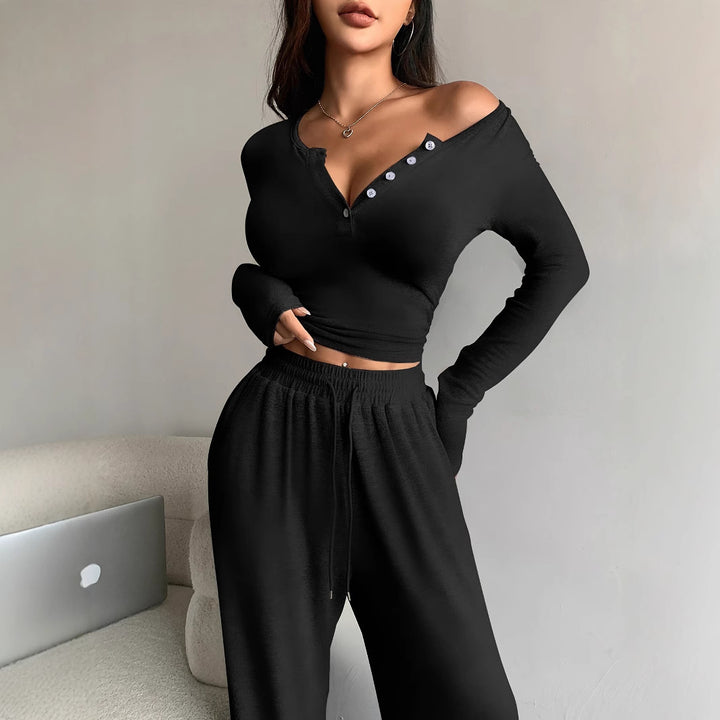 Damen Casual Rippstrick Lounge-Set mit Off-Shoulder Henley-Oberteil und weit geschnittenen Jogginghosen – Élanora