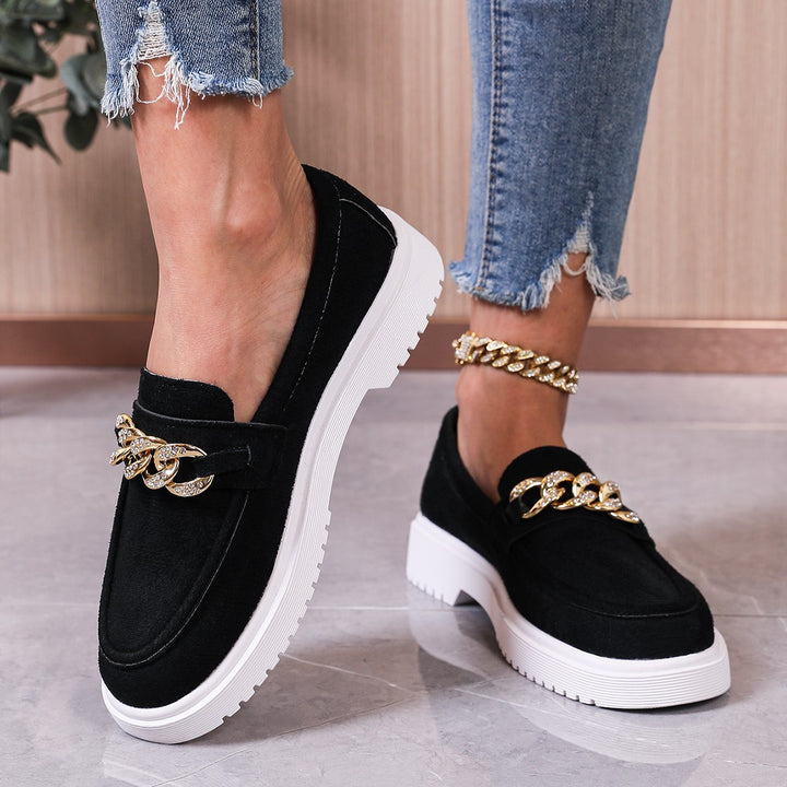 Damen  elegante Slipper mit Plateau-Laufsohle, goldener Schmuckkette und gepolstertem Komfortfußbett Echo Archiv
