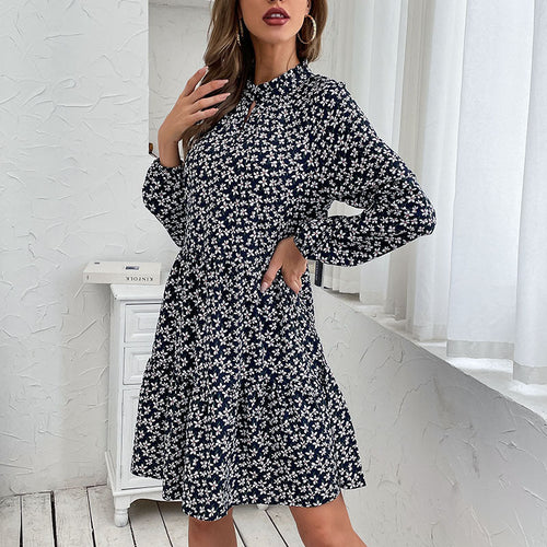 Damen Gestuftes Minikleid mit Stehkragen, Blumenprint und taillierter A‑Linie Echoarchiv