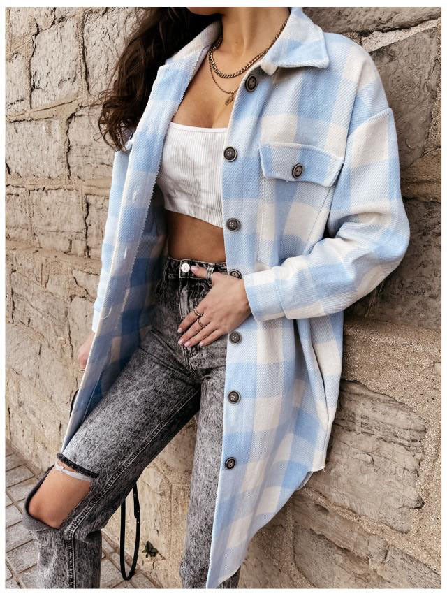 Damen Karierte Overshirtjacke mit Brusttaschen Echoarchiv