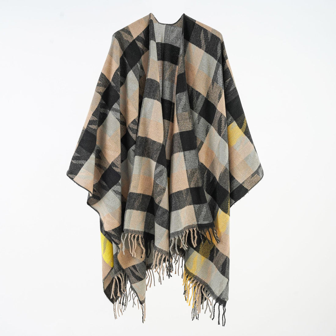 Damen Oversize-Plaidponcho mit Fransen und gewebtem Karomuster – Célinea