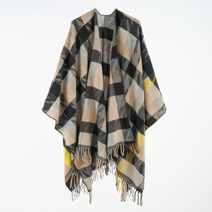 Damen Oversize-Plaidponcho mit Fransen und gewebtem Karomuster Echo Archiv