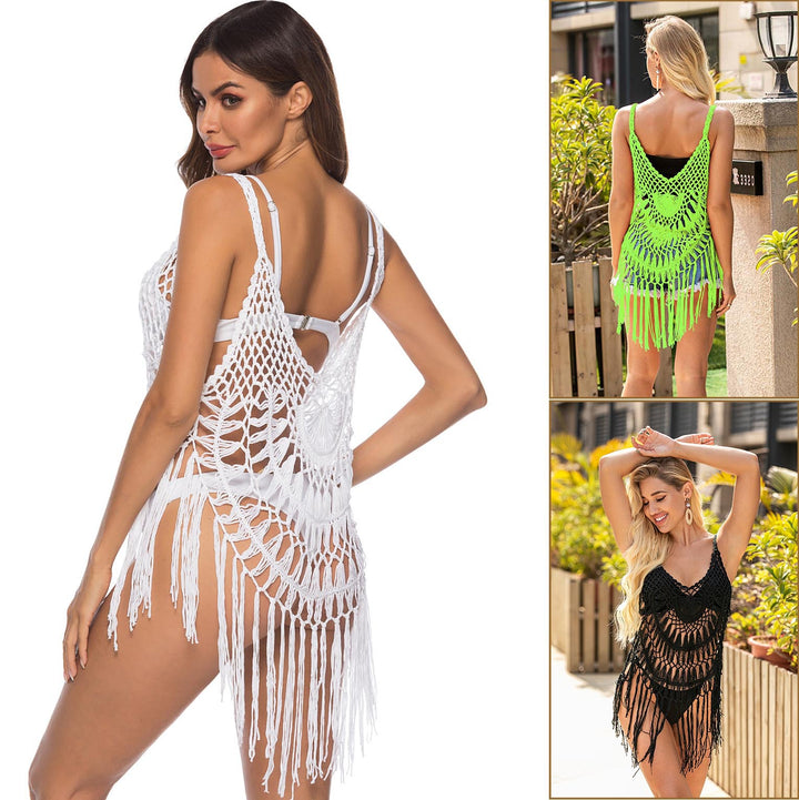 Damen Häkel-Strandüberwurf mit fransigen Details und offener Rückseite Echo Archiv