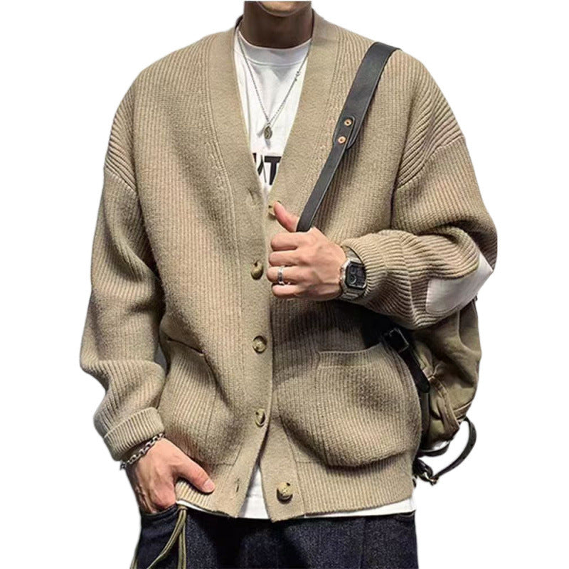 Herren Oversized Strickcardigan mit Ellenbogen-Patches und aufgesetzten Taschen Echoarchiv