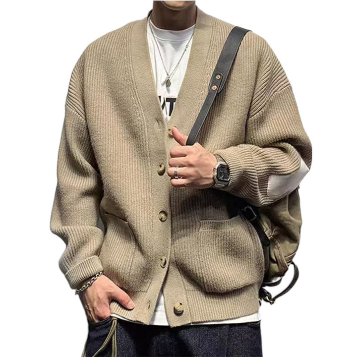 Herren Oversized Strickcardigan mit Ellenbogen-Patches und aufgesetzten Taschen Echoarchiv