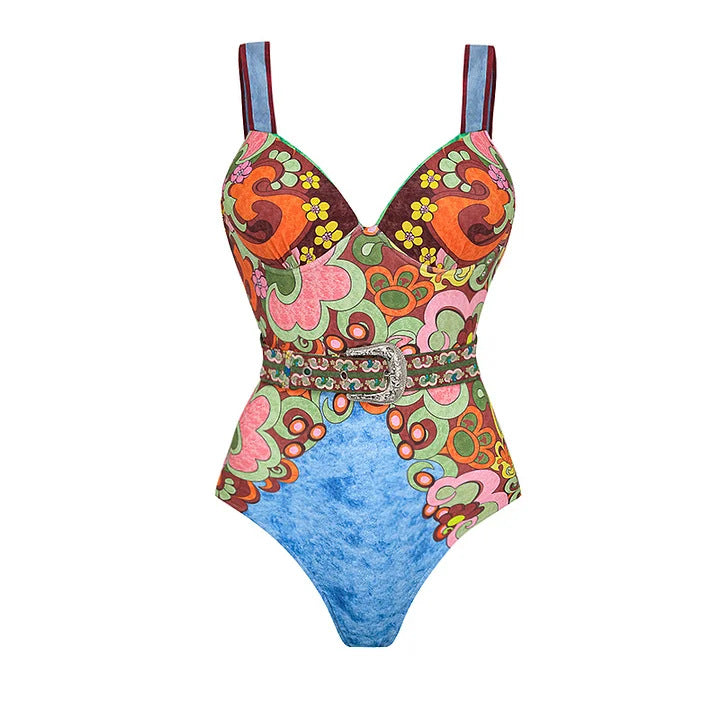 Damen Vintage Badeanzug mit buntem Muster und Schmuckgürtel Echo Archiv