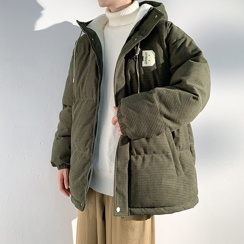 Herren Gepolsterte Cord-Steppjacke mit Kapuze, Teddyfleece-Innenfutter und Oversize-Schnitt Echo Archiv