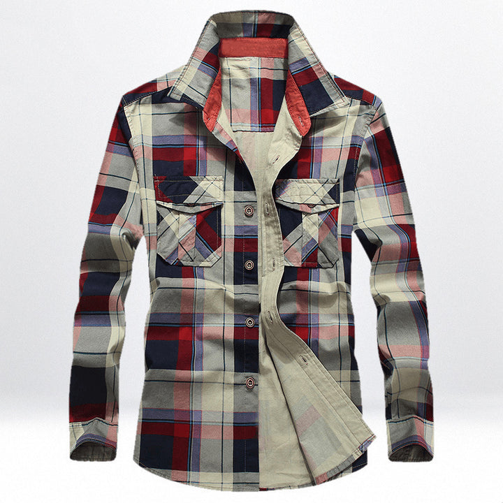 Herren kariertes Hemdjacke im Utility‑Stil mit Brustpattentaschen und Kontrastkragen – Taviero