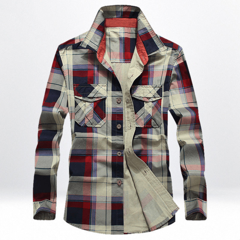Herren Kariertes Baumwoll-Workshirt mit Brustpattentaschen und kontrastiertem Innenkragen Echoarchiv